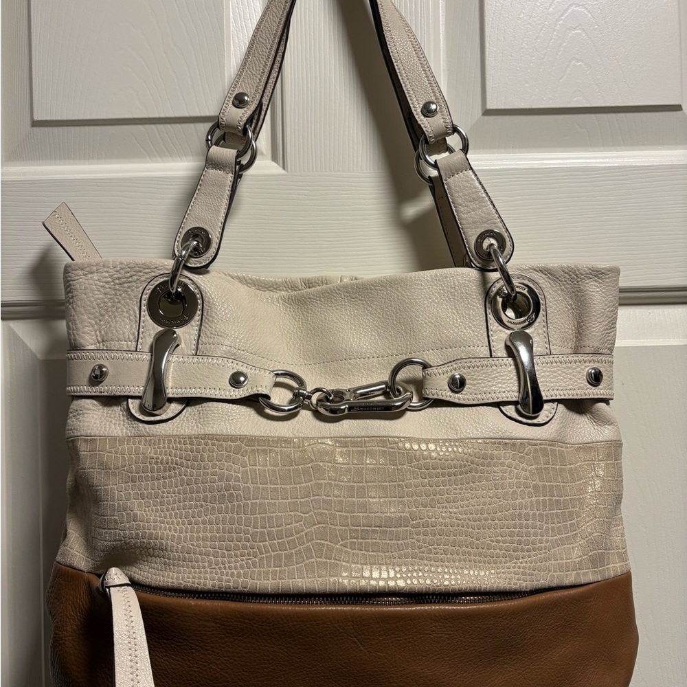 B. Makowsky Cream, Gold and Brown Leather Satchel